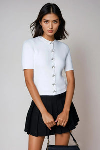 COLETTE Bow-Button Knit Cardigan Top (White)