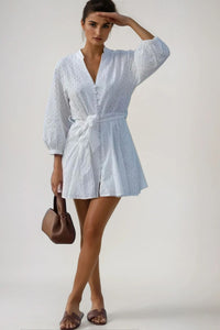 REMI V-Neck Long-Sleeve Button-Down Eyelet Mini Dress (White)