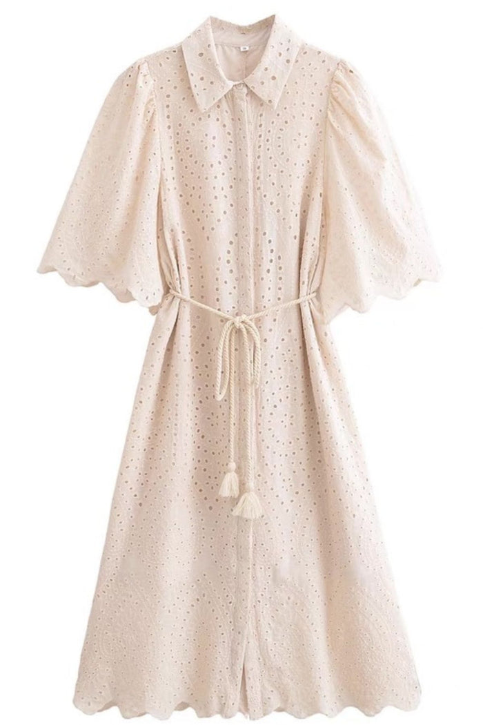 ODETTE Broderie Eyelet Midi Dress with Rope Tie (Cream)