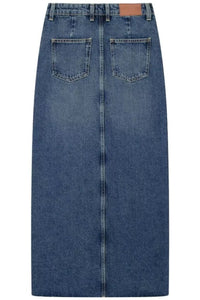 WRENLEY Asymmetrical High Waisted Front Slit Denim Maxi Skirt