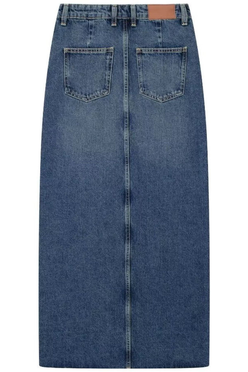 WRENLEY Asymmetrical High Waisted Front Slit Denim Maxi Skirt