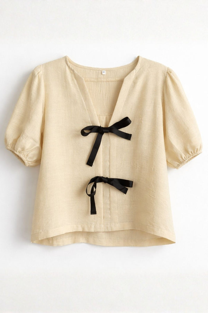 FINLEY V-neck Ribbon-Tie Puff Sleeve Top (Latte Brown)