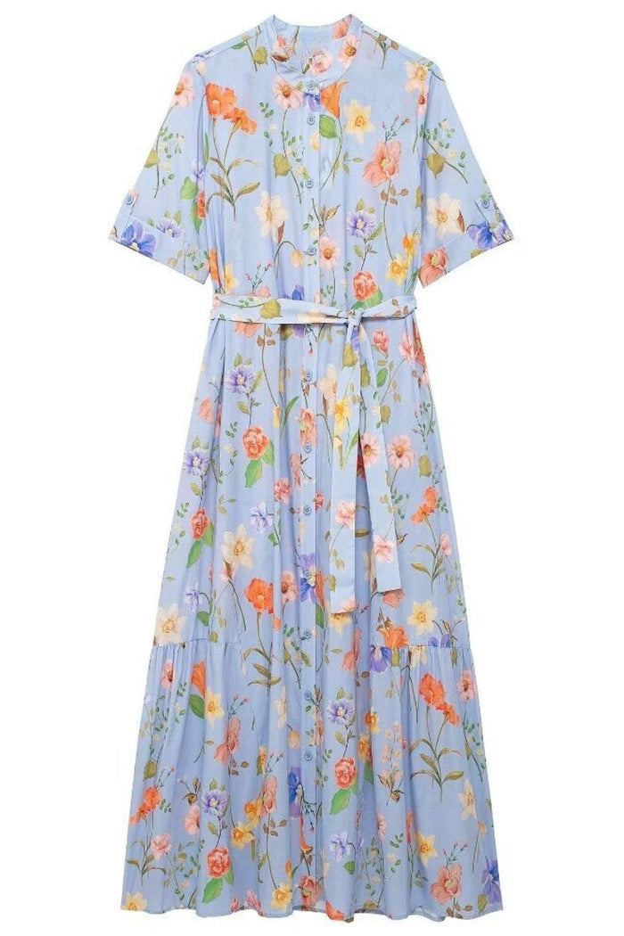 NAYELI Floral Button-Down Tie-Waist Maxi Dress (Powder Blue)