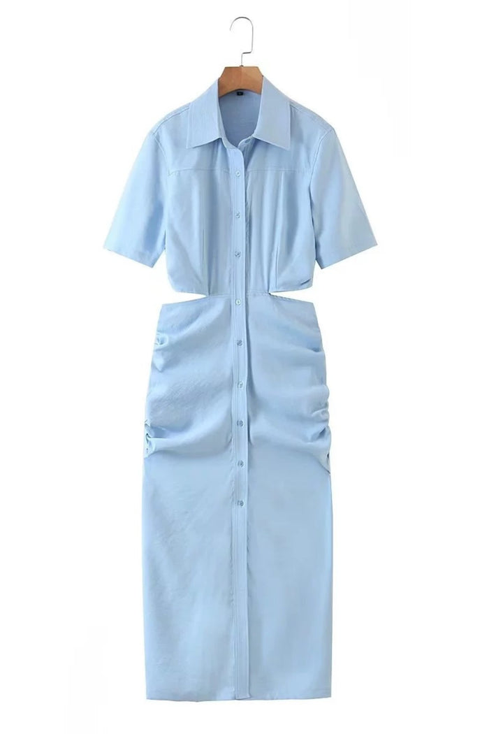 OAKLEY Open-Back Button-Down Ruched Sides Midi Dress (Powder Blue)