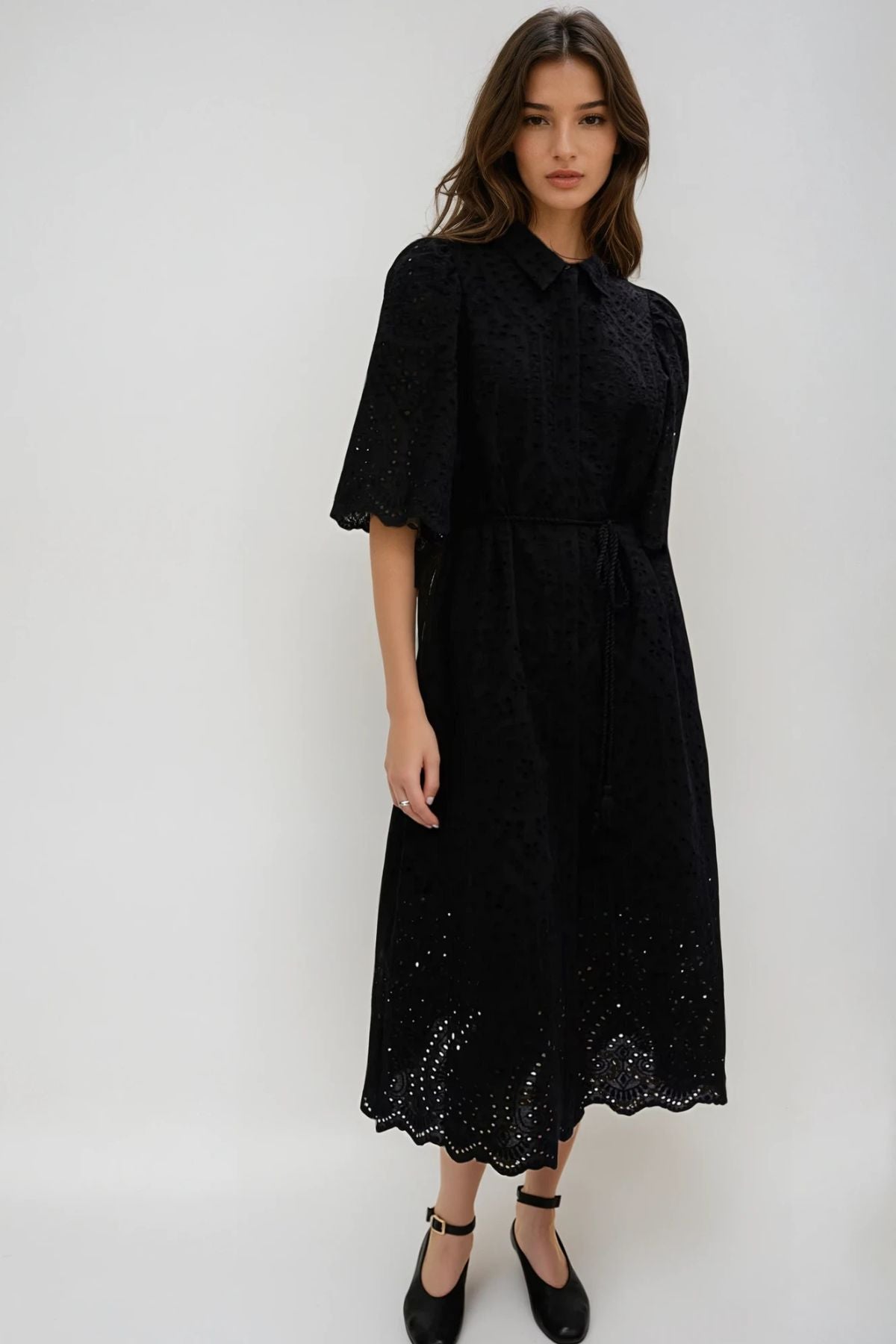ODETTE Broderie Eyelet Midi Dress with Rope Tie (Black)