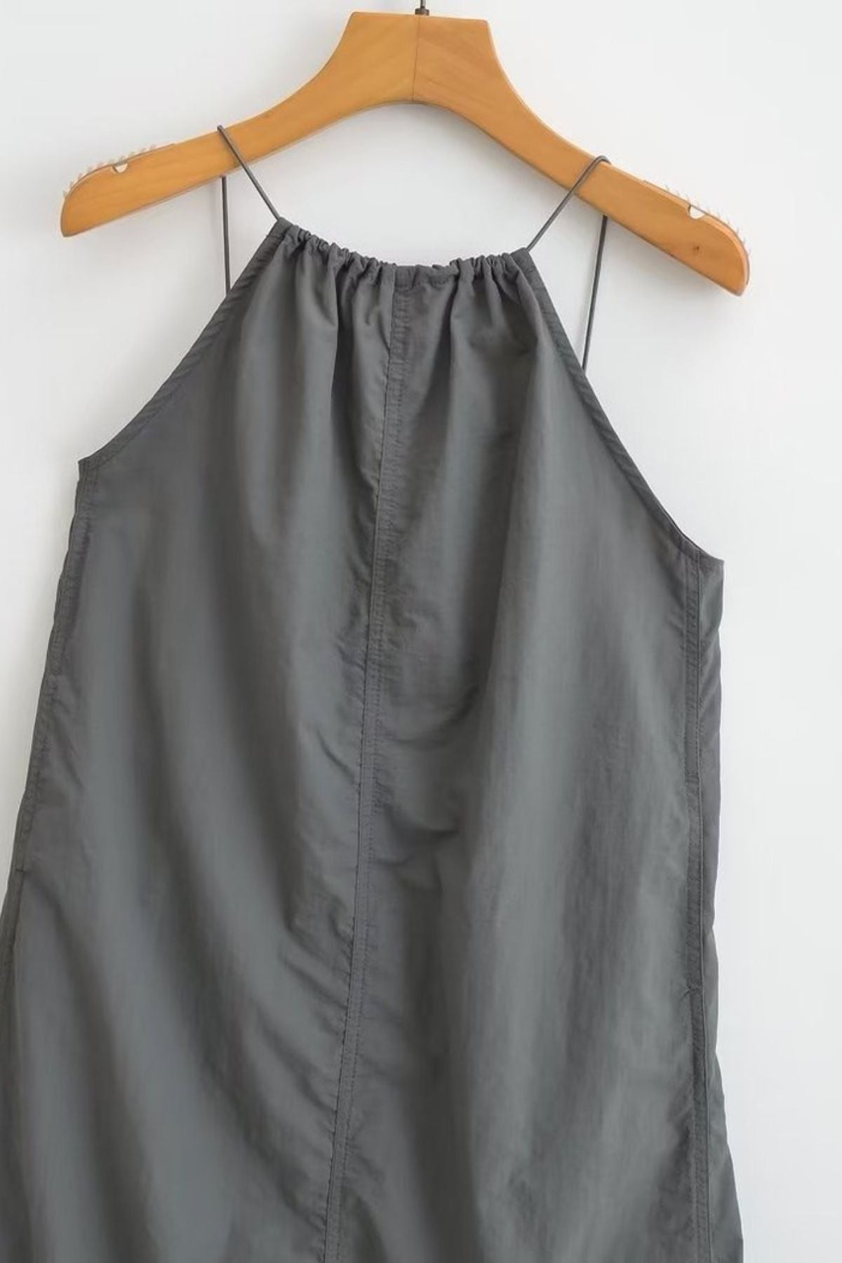 RAELYNN Halter Midi Parachute Dress W/ Toggle Drawstring Back & Hem (Coal Grey)