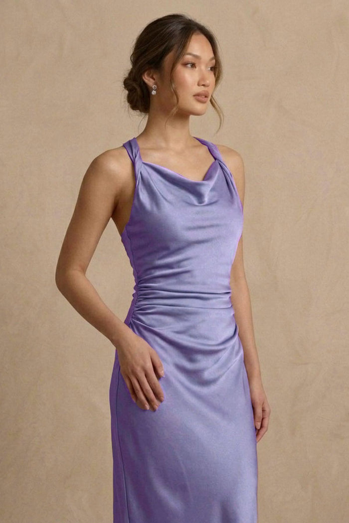 EVELYN Satin Cowl-Neck Midi Dress (Lavender)