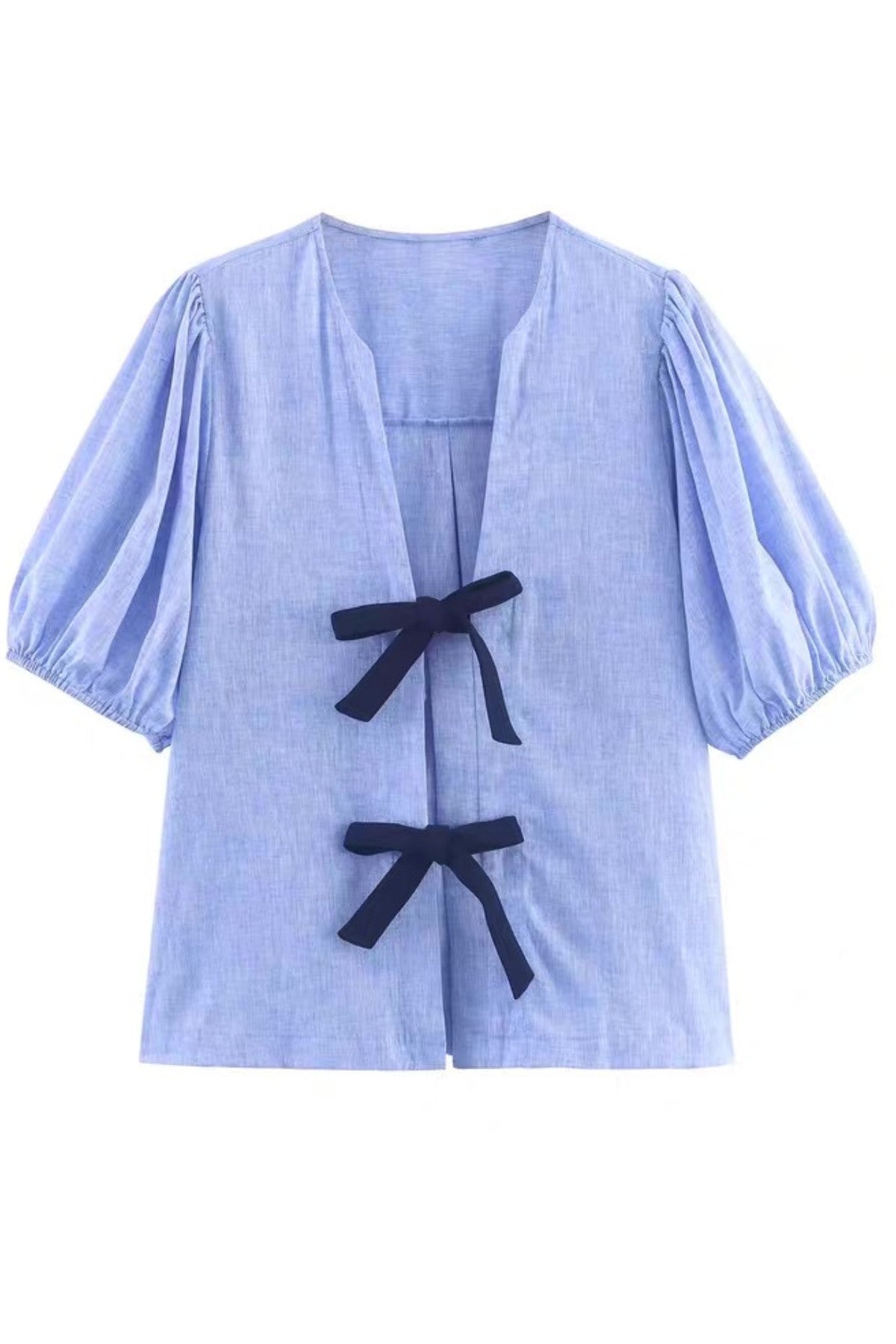 FINLEY V-neck Ribbon-Tie Puff Sleeve Top (Powder Blue)