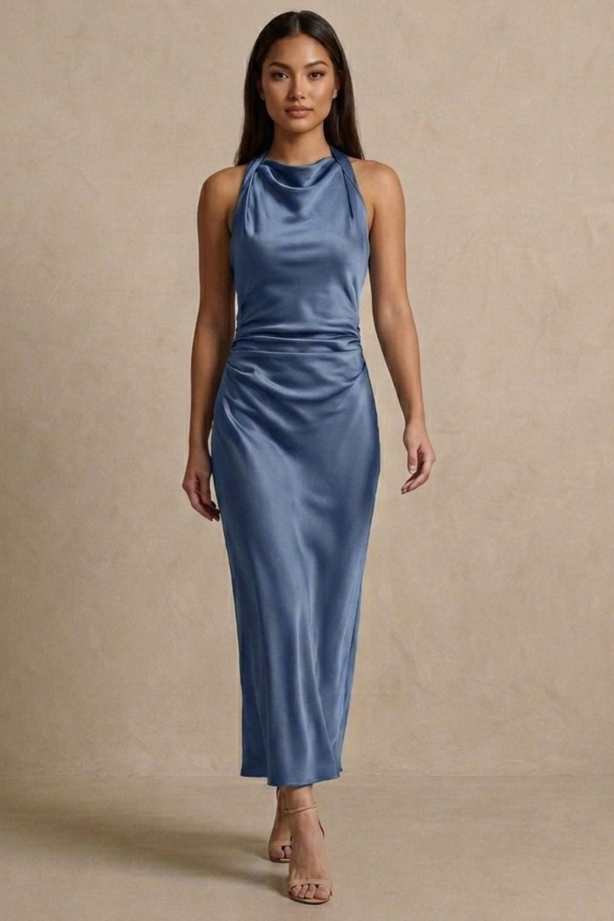 EVELYN Satin Cowl-Neck Midi Dress (Powder Blue)