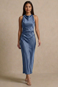 EVELYN Satin Cowl-Neck Midi Dress (Powder Blue)