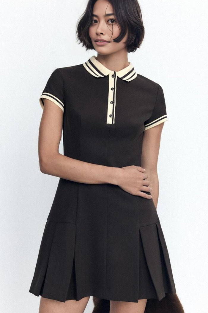 VIVIANA Polo Dress with Pleated Skirt (Chocolate Brown)