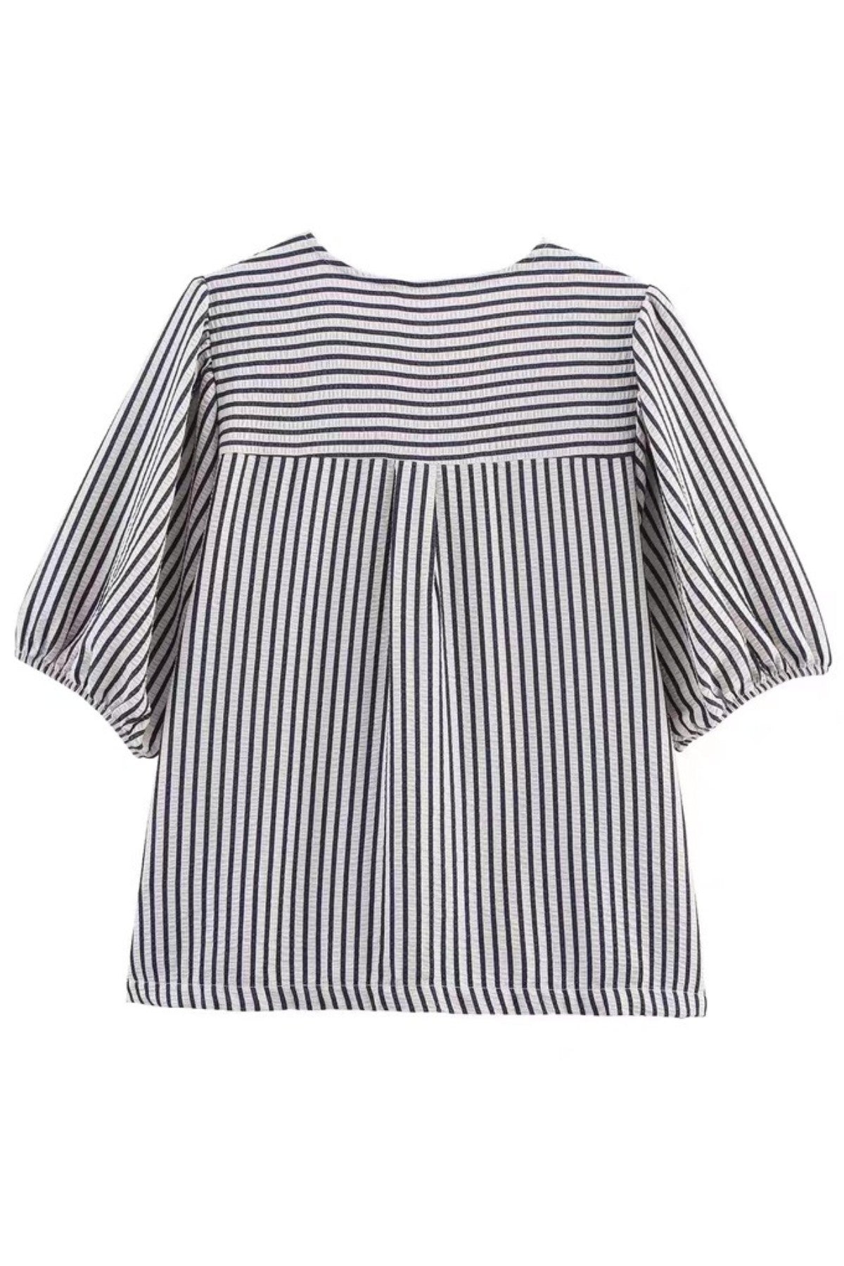 FINLEY V-neck Ribbon-Tie Puff Sleeve Top (Navy Stripes)