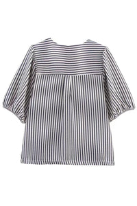 FINLEY V-neck Ribbon-Tie Puff Sleeve Top (Navy Stripes)