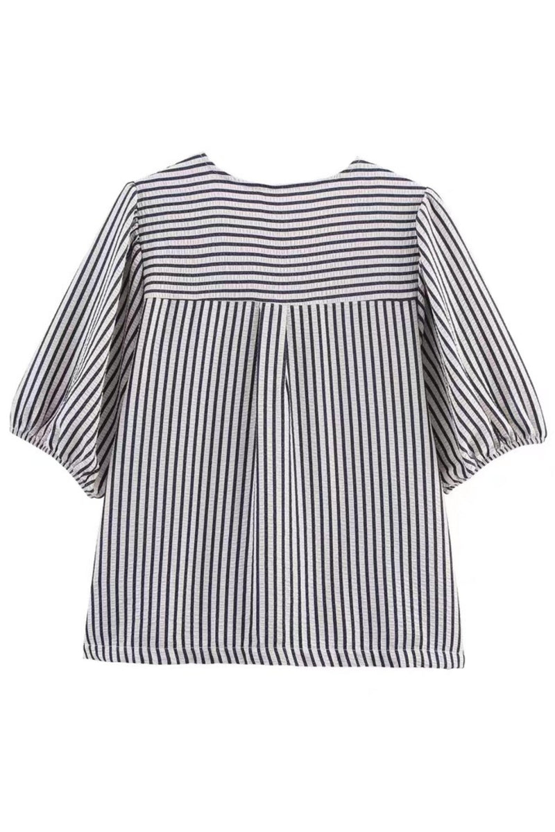 FINLEY V-neck Ribbon-Tie Puff Sleeve Top (Navy Stripes)