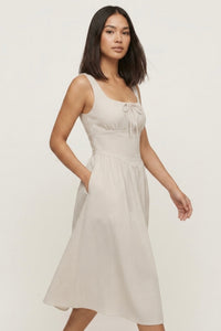 MARCELLA Square Neck Fit & Flare Midi Dress with Pockets (Beige Stripe)