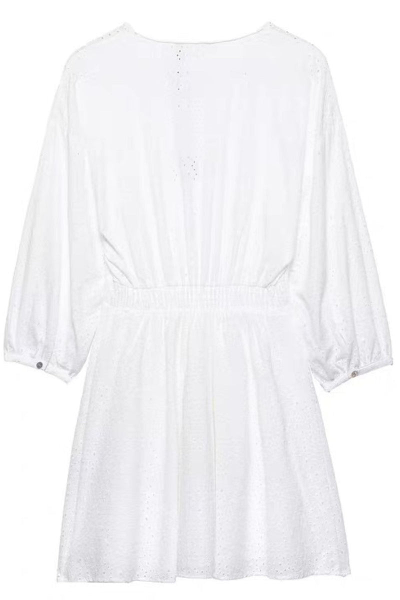 ISLA Puff Sleeve Broderie Eyelet Mini Dress (White)