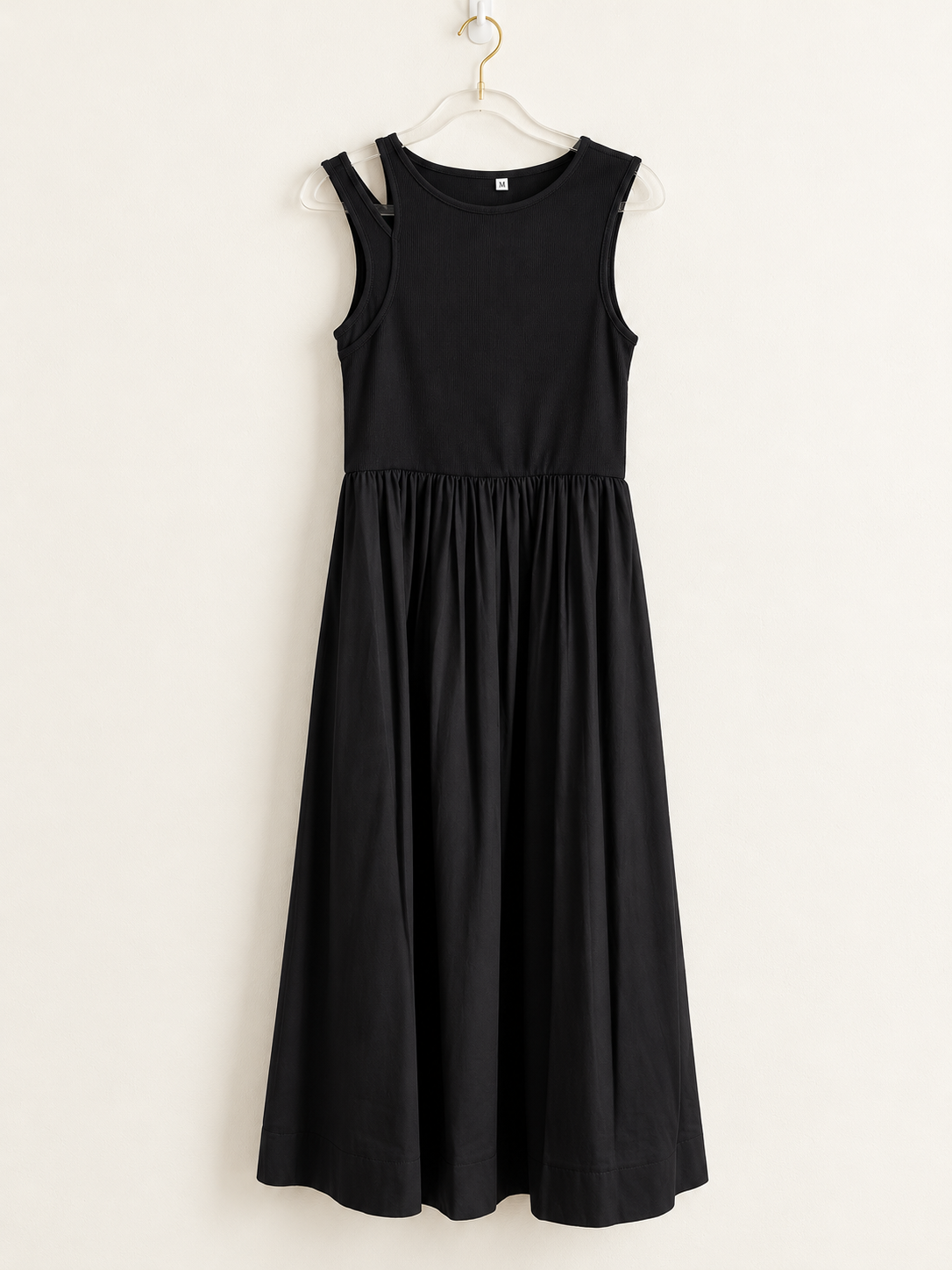 MARGOT Sleeveless Ribbed Bodice Midi Dress with Pockets (Black)
