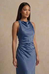 EVELYN Satin Cowl-Neck Midi Dress (Powder Blue)