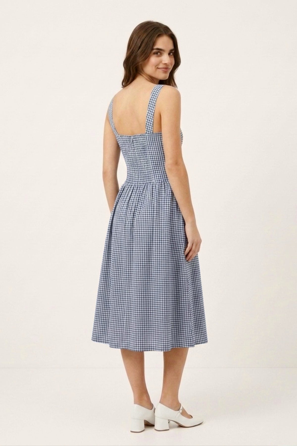 MARCELLA Square Neck Fit & Flare Midi Dress with Pockets (Blue Gingham)