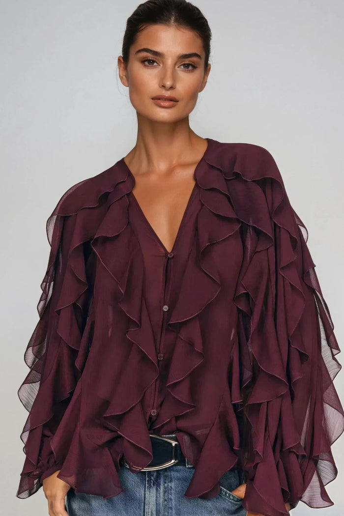 CALLA Ruffle Chiffon Statement Blouse (Burgundy Red)