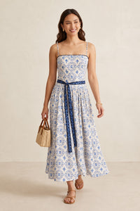 ISADORA Blue Floral Print Maxi Dress with Detachable Sash