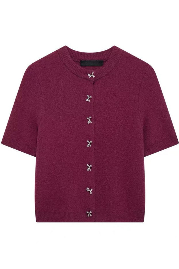 COLETTE Bow-Button Knit Cardigan Top (Burgundy Red)