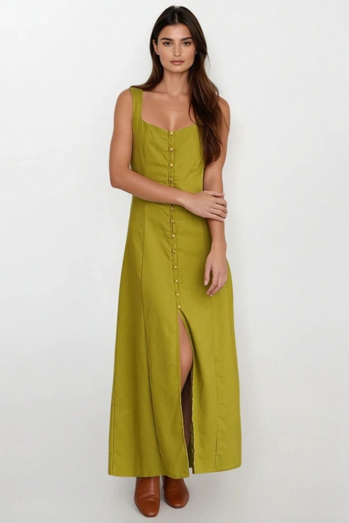 SOLENE Linen Button-Front Midi Dress (Olive Green)
