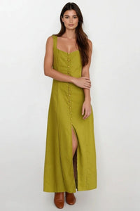 SOLENE Linen Button-Front Midi Dress (Olive Green)