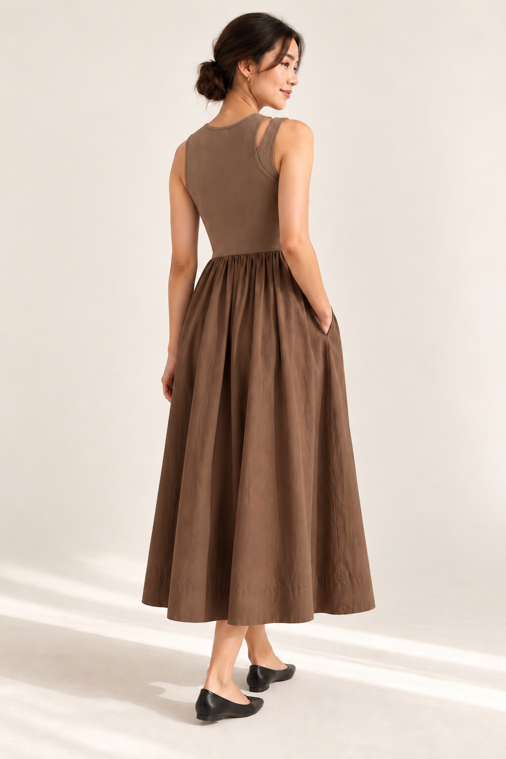 MARGOT Sleeveless Ribbed Bodice Midi Dress with Pockets (Mocha Brown)