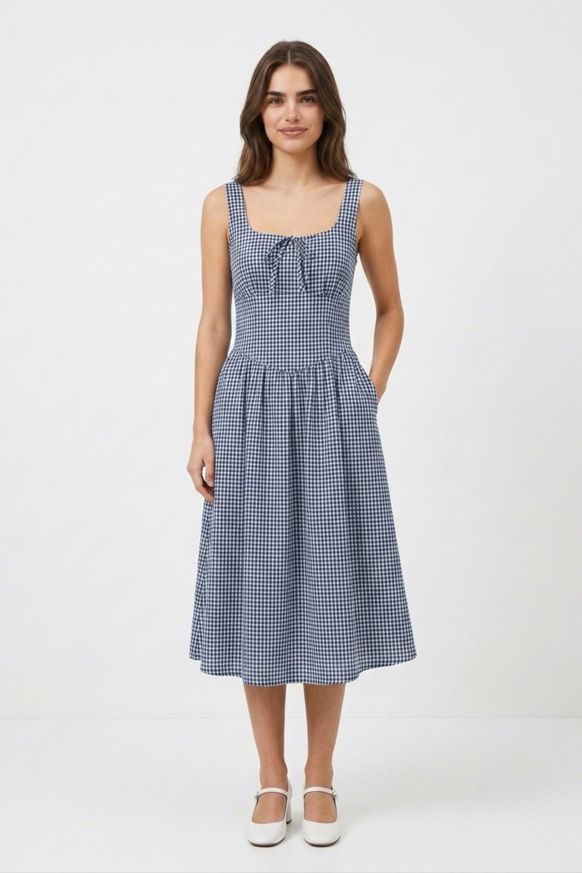 MARCELLA Square Neck Fit & Flare Midi Dress with Pockets (Blue Gingham)