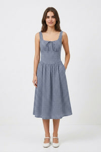 MARCELLA Square Neck Fit & Flare Midi Dress with Pockets (Blue Gingham)