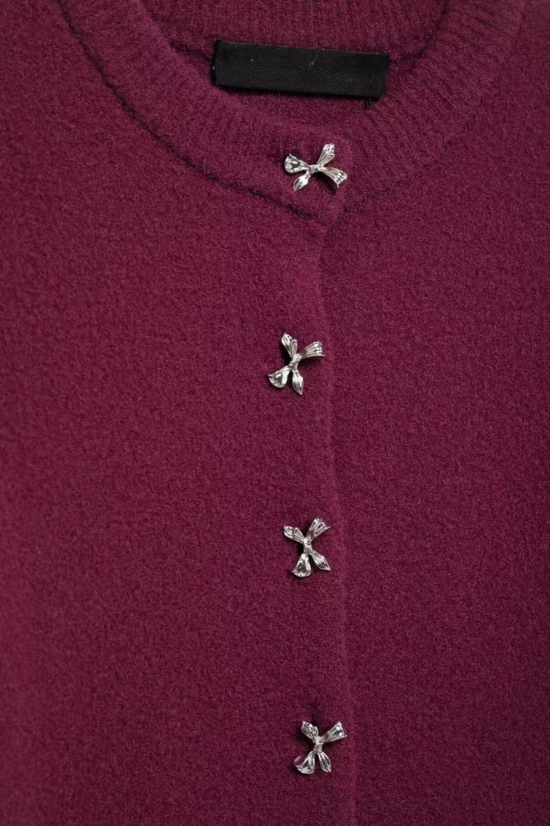 COLETTE Bow-Button Knit Cardigan Top (Burgundy Red)