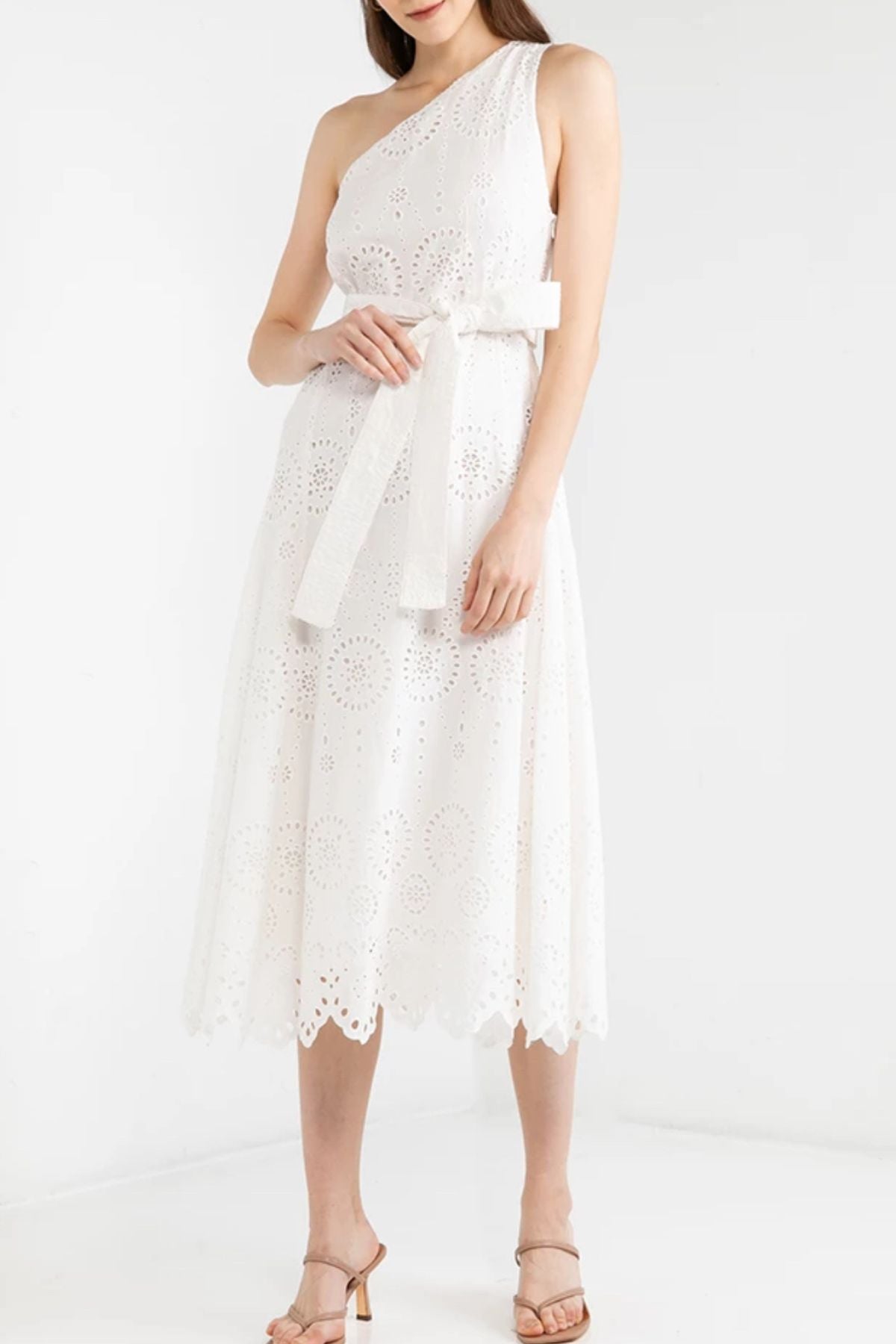 TESSA One-Shoulder Eyelet Midi Dress (White)