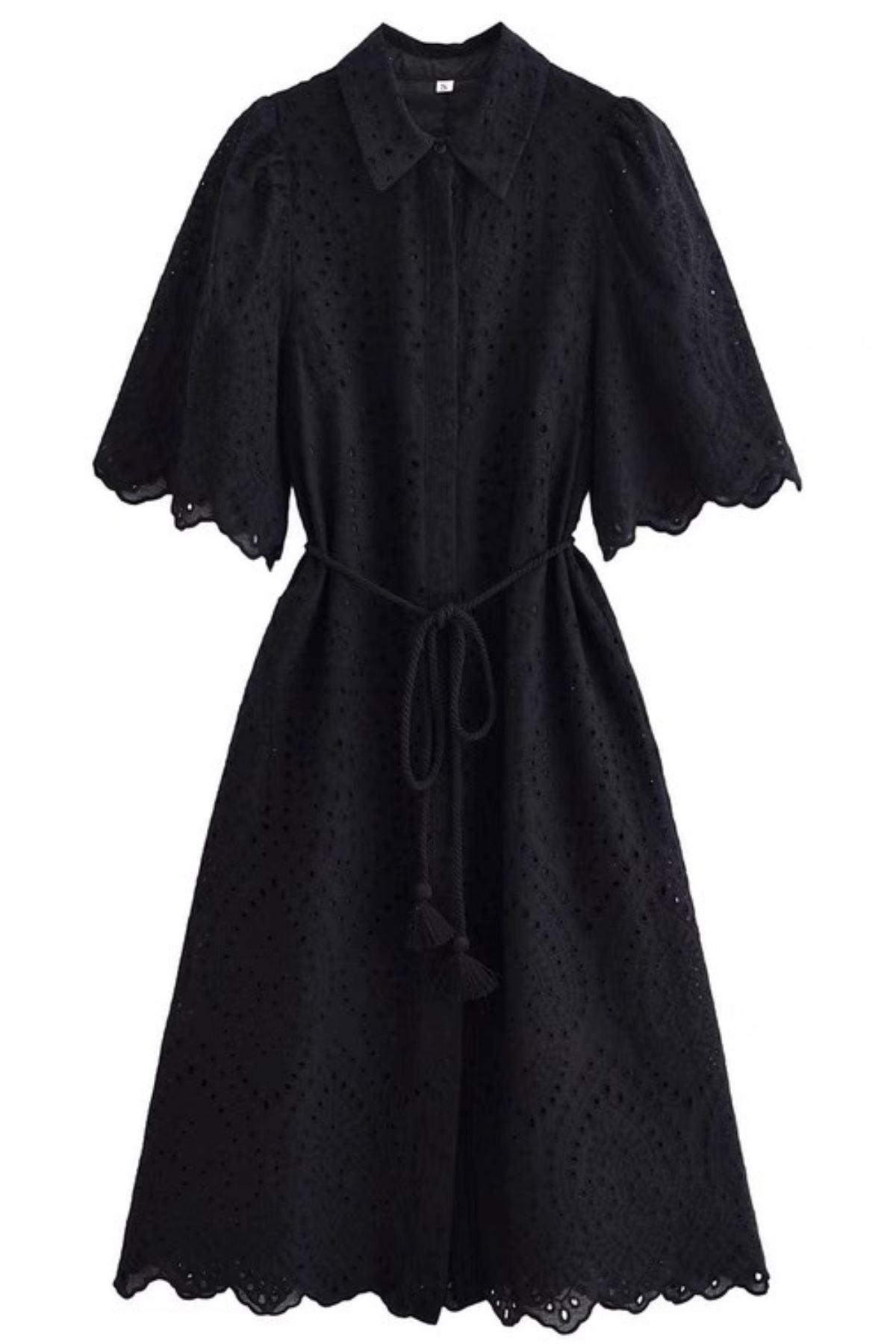 ODETTE Broderie Eyelet Midi Dress with Rope Tie (Black)