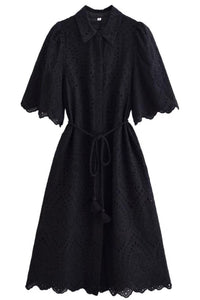 ODETTE Broderie Eyelet Midi Dress with Rope Tie (Black)