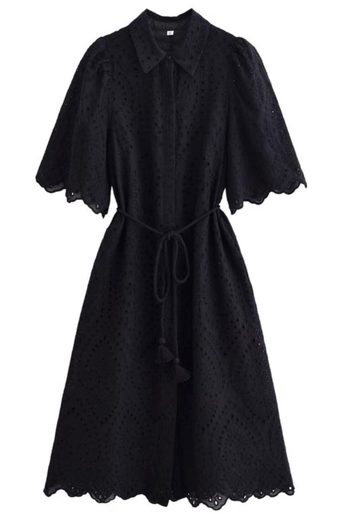 ODETTE Broderie Eyelet Midi Dress with Rope Tie (Black)