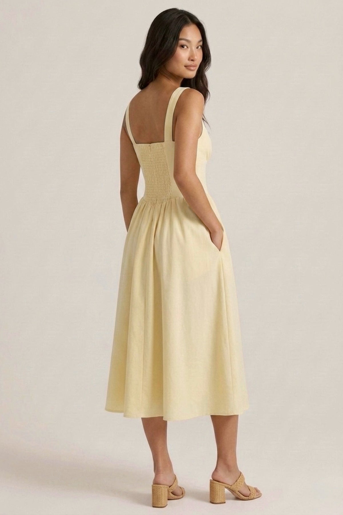 MARCELLA Square Neck Fit & Flare Midi Dress with Pockets (Butter Yellow)