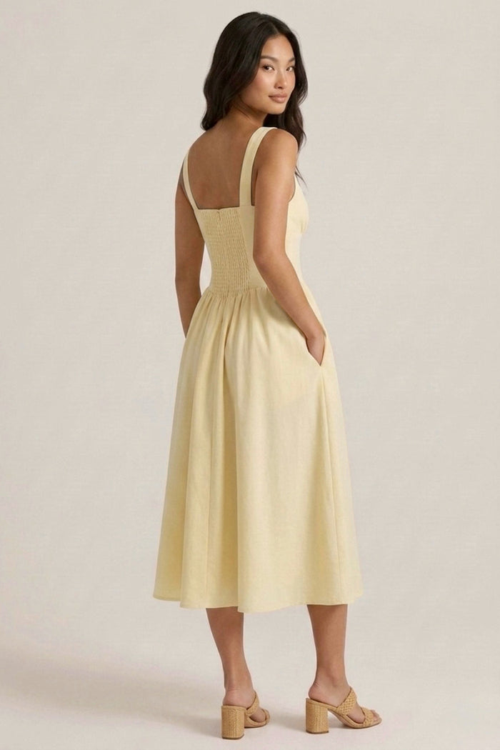 MARCELLA Square Neck Fit & Flare Midi Dress with Pockets (Butter Yellow)
