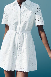 ELISA Button-Down Eyelet Mini Dress (White)