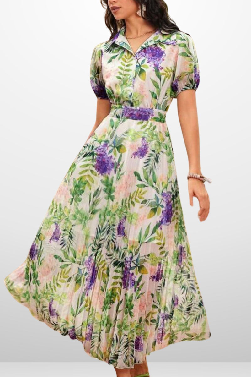 CATHERINE Collared Floral Pleated Midi Dress