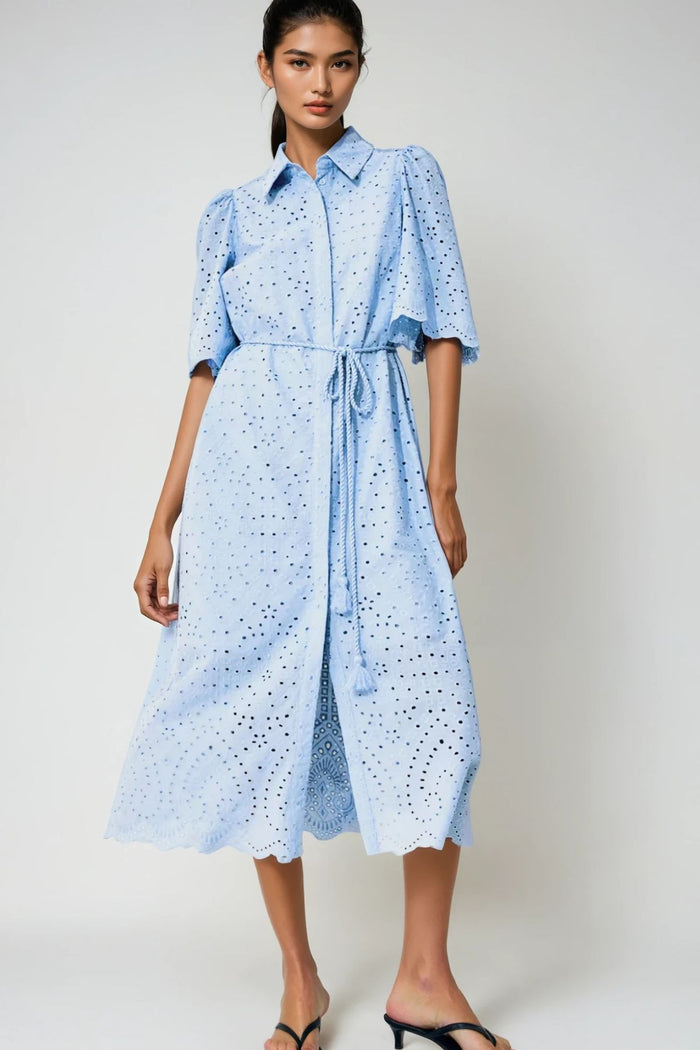 ODETTE Broderie Eyelet Midi Dress with Rope Tie (Powder Blue)