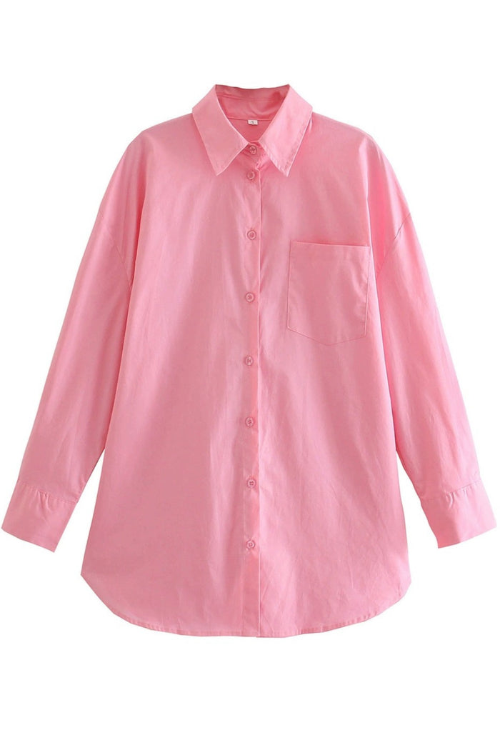 ESTHER Oversized Button-Down Pocket Shirt(Pink)