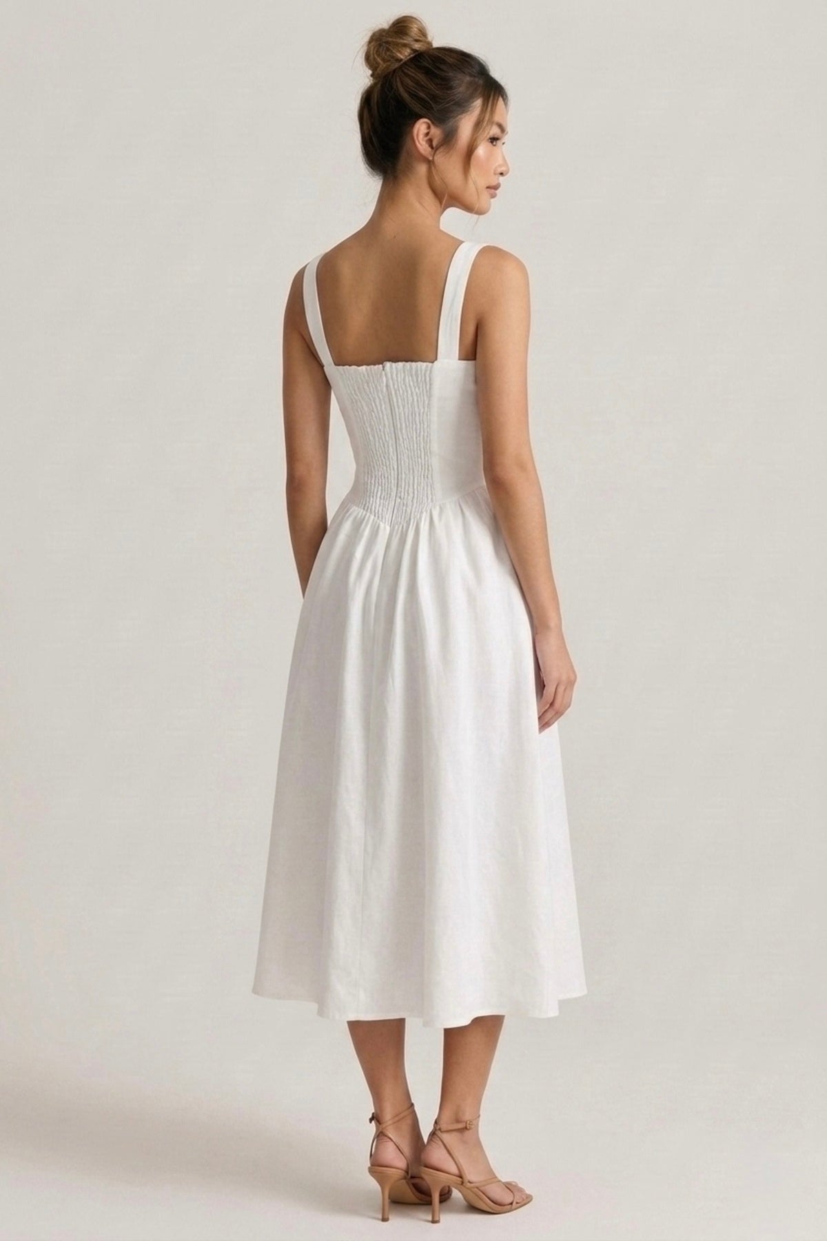 MARCELLA Square Neck Fit & Flare Midi Dress with Pockets (White)
