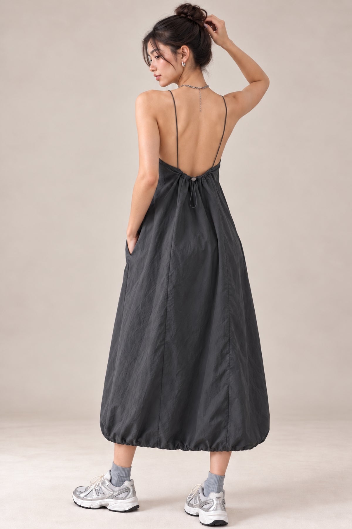 RAELYNN Halter Midi Parachute Dress W/ Toggle Drawstring Back & Hem (Coal Grey)