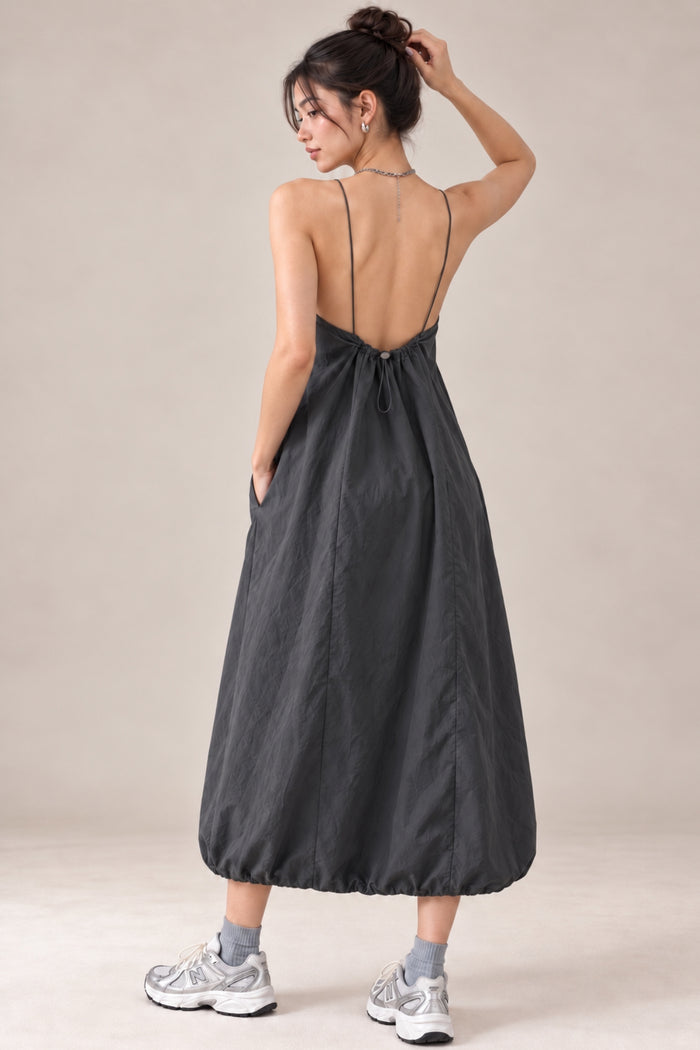 RAELYNN Halter Midi Parachute Dress W/ Toggle Drawstring Back & Hem (Coal Grey)