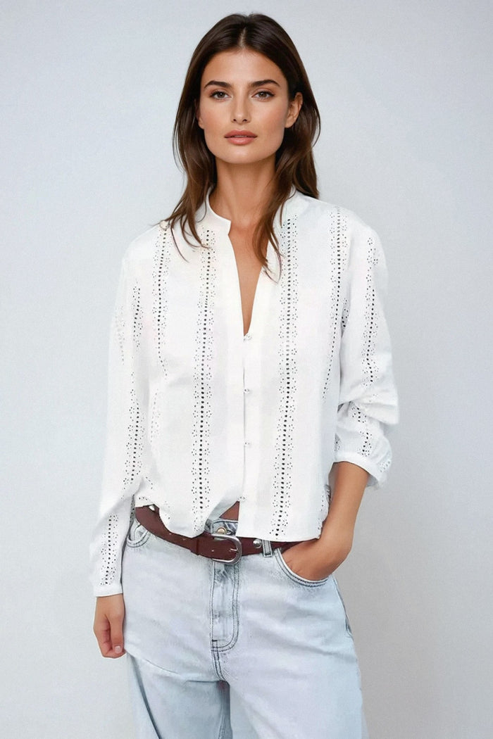THEA Embroidered V-Neck Eyelet Blouse (White)