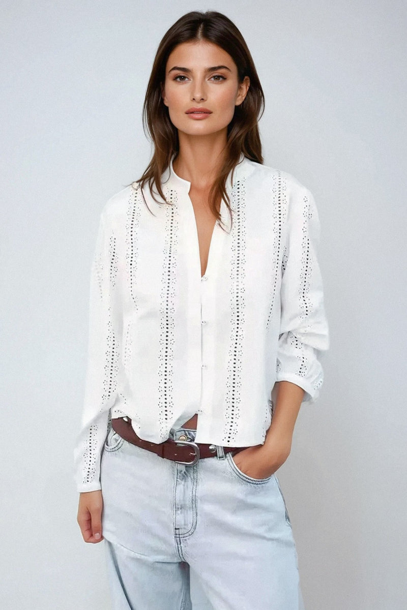 THEA Embroidered V-Neck Eyelet Blouse (White)