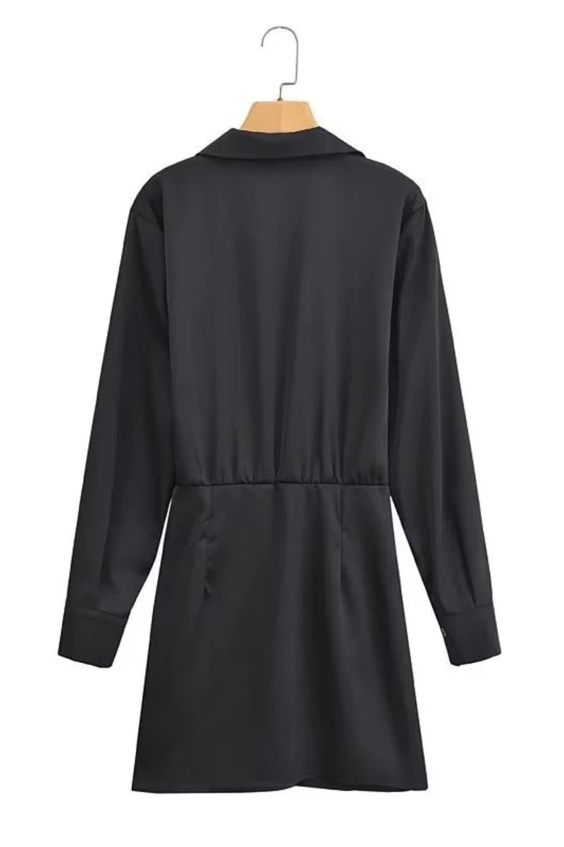 ELEANOR Draped Wrap Satin Collared Mini Dress (Black)