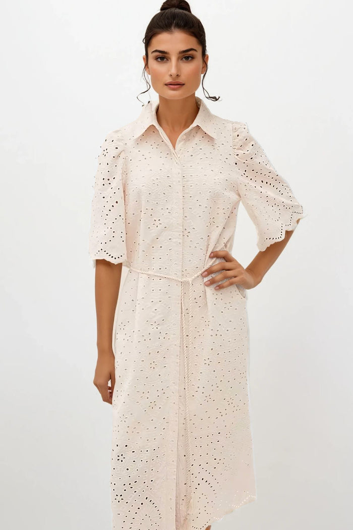 ODETTE Broderie Eyelet Midi Dress with Rope Tie (Cream)