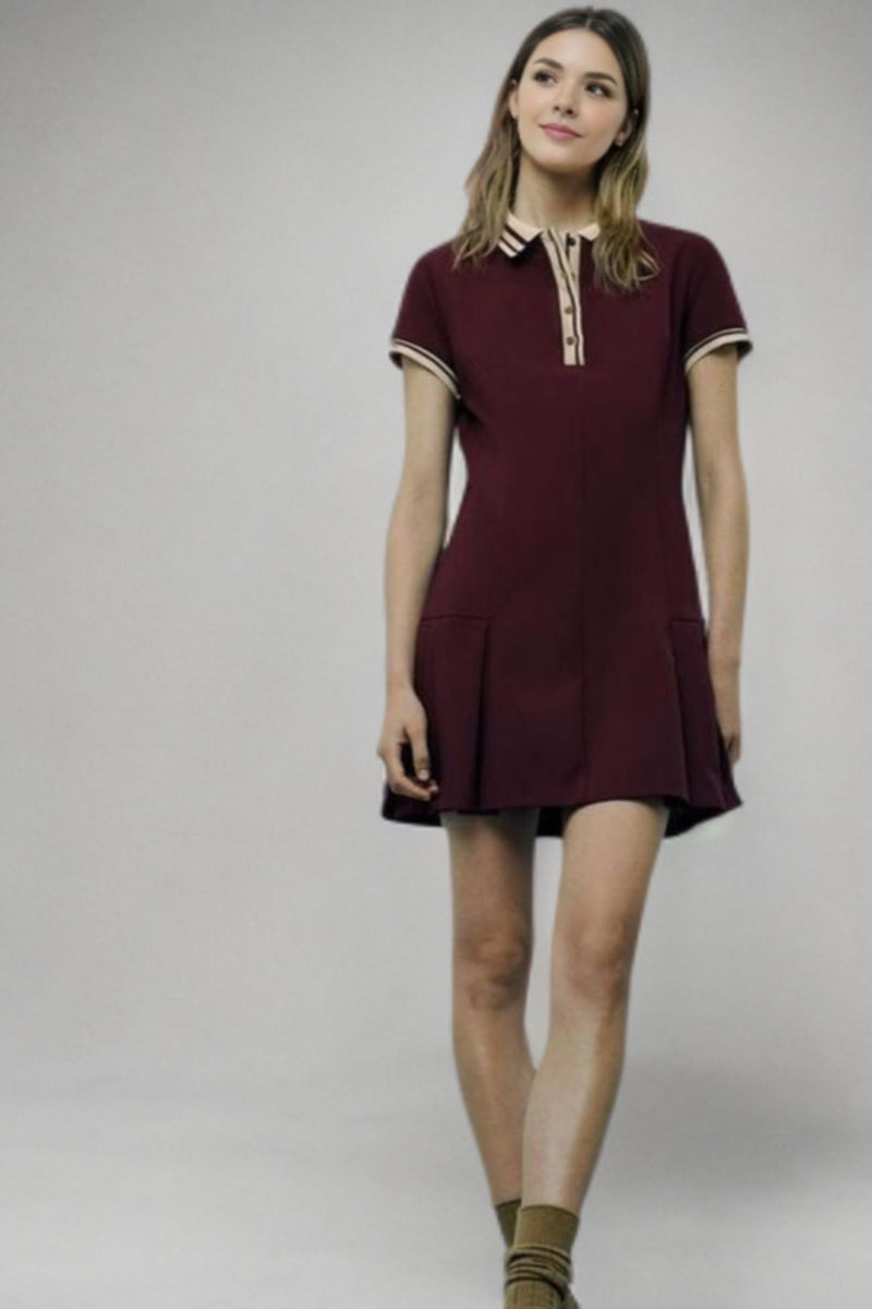 VIVIANA Polo Dress with Pleated Skirt (Burgundy Red)